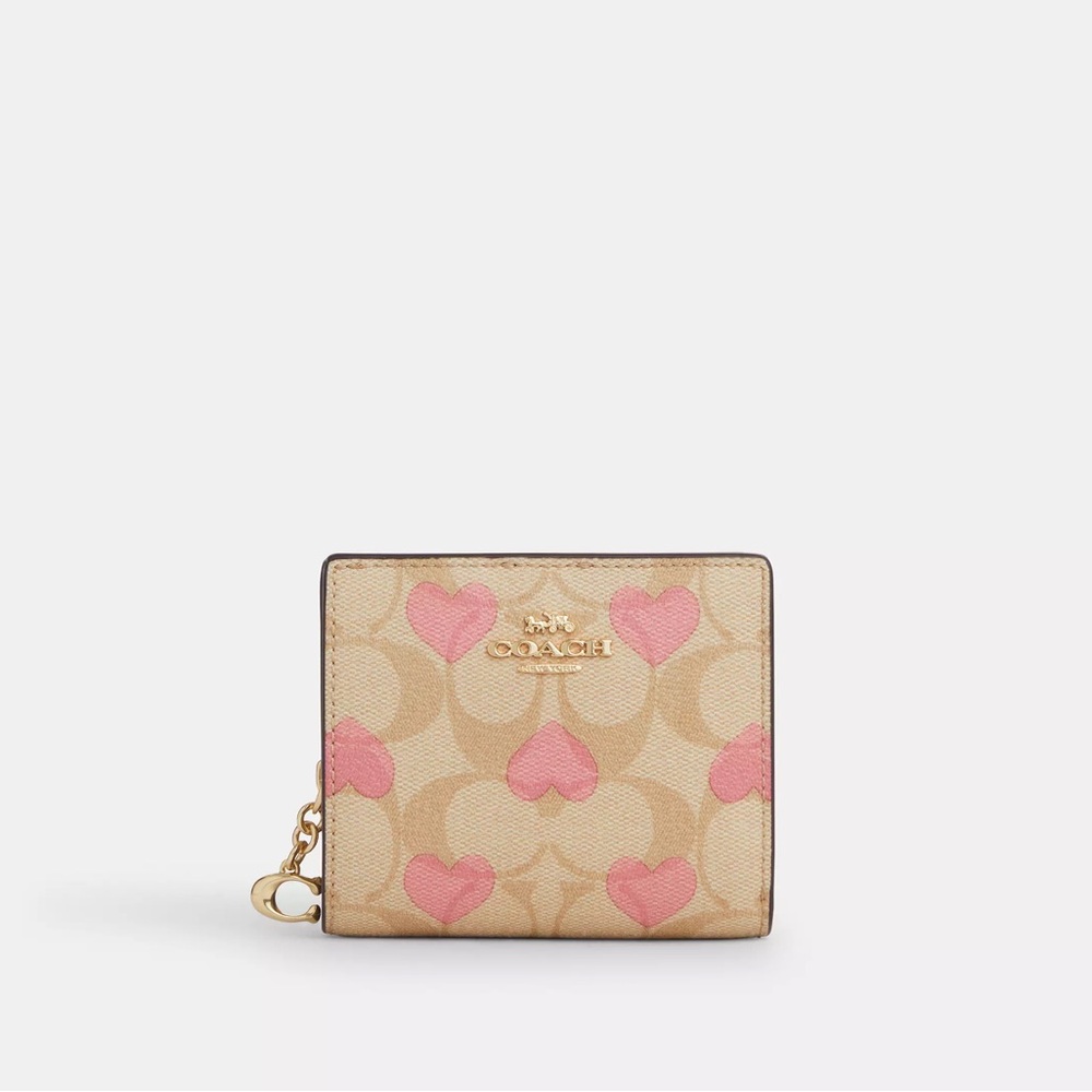 NWT Coach Snap Wallet In Signature Canvas Heart Print Lt Khaki Chalk Pink CQ145